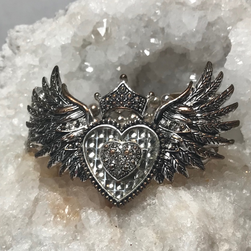 4/$25 Silvertone Heart Crown Wings StretchBracelet
